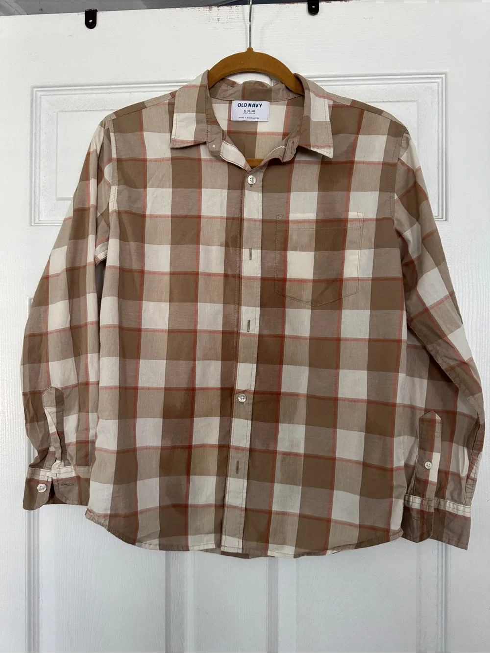 Old Navy Brown and Cream Plaid Button-Down Shirt boys size xl 14/16
